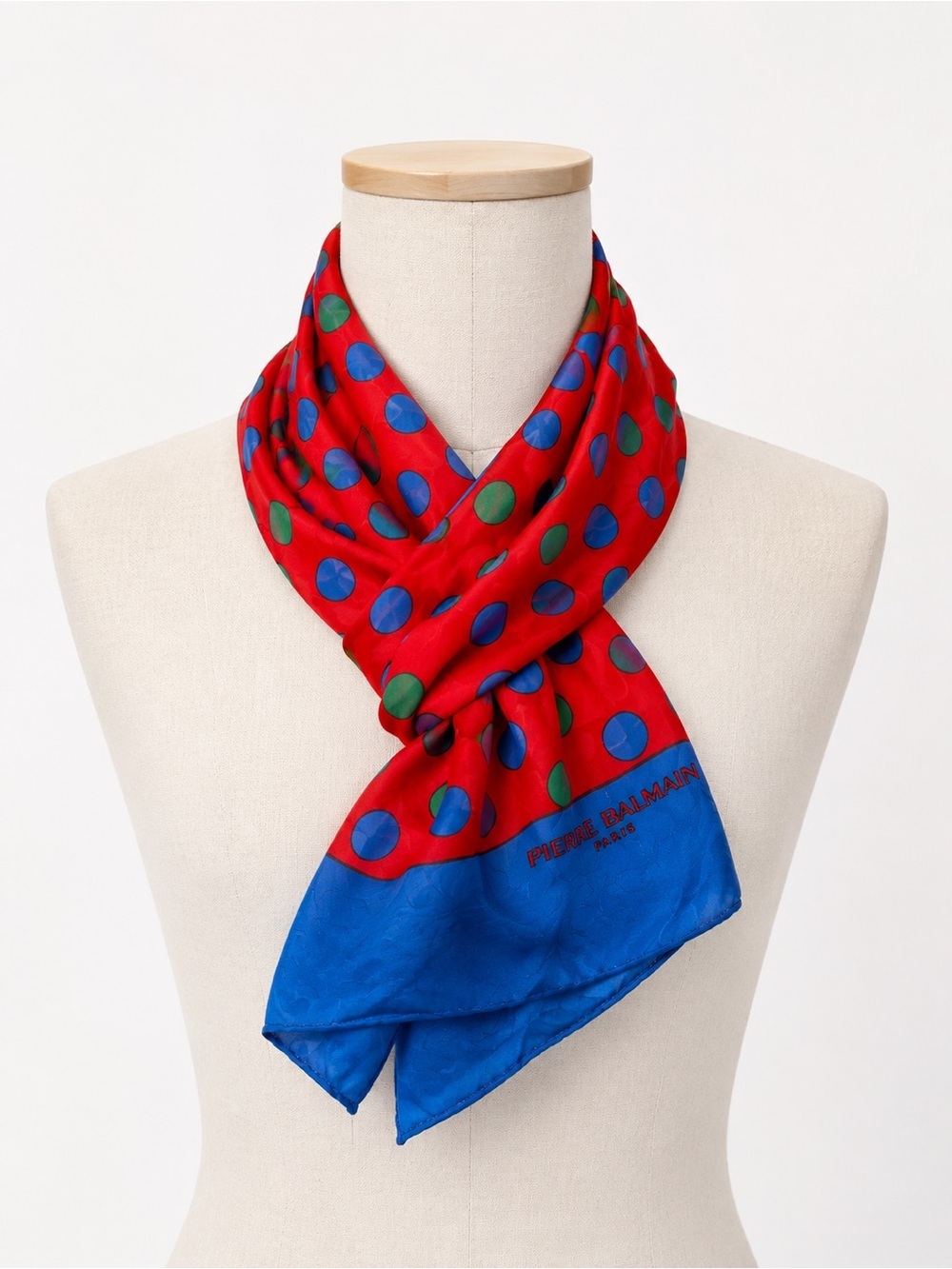 PIERRE BALMAIN Vintage 100% Silk Scarf French Luxury Designer Red Blue Polka Dot